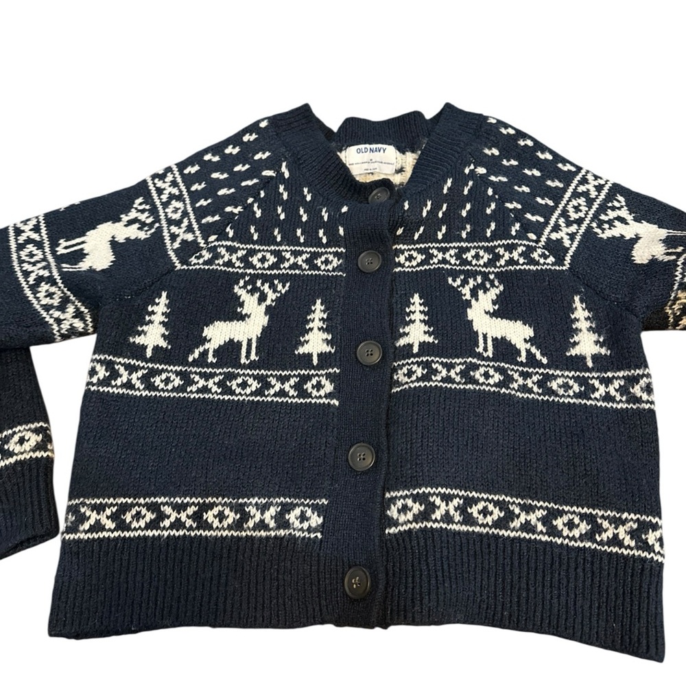 Old Navy Fair Isle Reindeer Cardigan Sweater Women’s Medium Navy Blue‎ Button